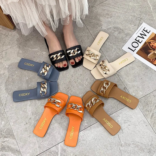 New Fashion Women's Slippers Square Toe Chain Slippers Flat Slide Sandals Beach Flip Flops Metal Decoration Casual Shoes