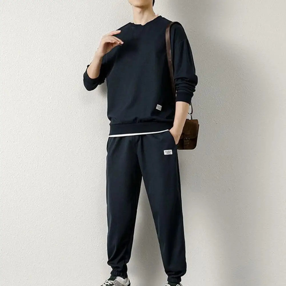 Men Top Trousers Set Men's Casual Waffle Texture Sweatshirt Suit with Elastic Waist Jogger Pants Set for Autumn Winter Youth
