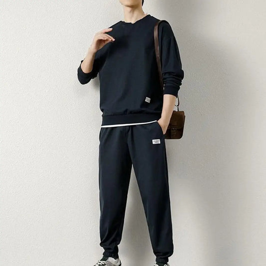 Men Top Trousers Set Men's Casual Waffle Texture Sweatshirt Suit with Elastic Waist Jogger Pants Set for Autumn Winter Youth