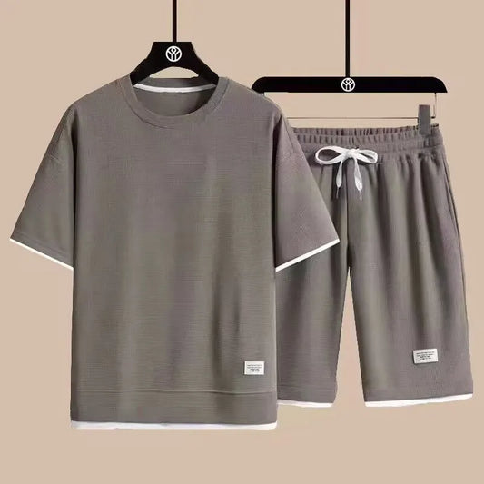 summer new men's sports casual loose Waffle short sleeve suit fashion top T-shirt + shorts handsome couple European code