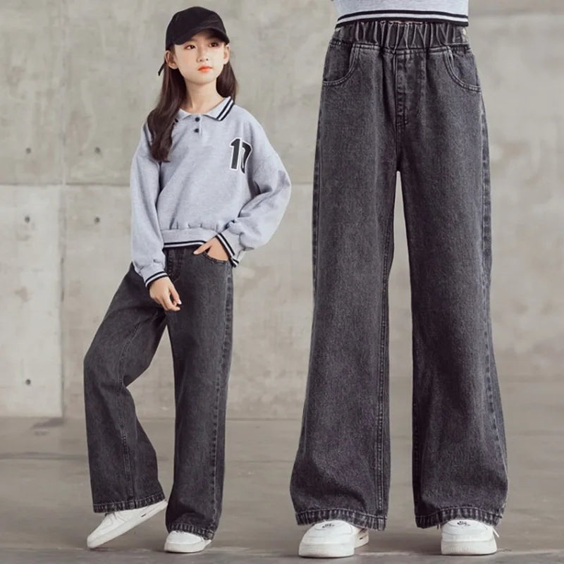Children's High Waisted Straight Fit Ripped Jeans With Holes For Girls Casual Denim  kids Pants