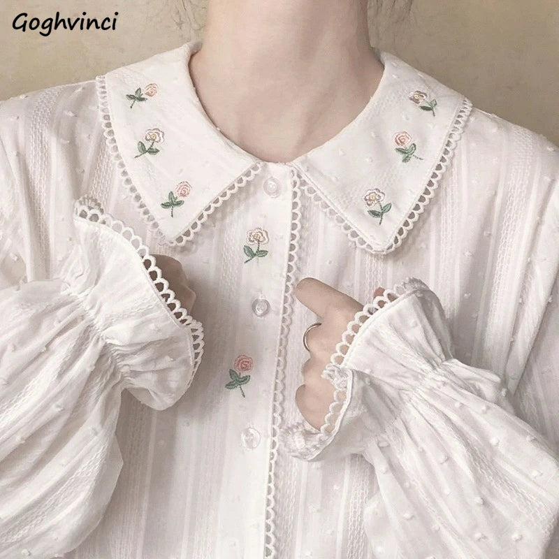 Long Sleeve Shirts Women Vintage Sweet Floral Embroidery Loose Peter Pan Collar All-match Gentle Design Lovely Preppy Female Ins
