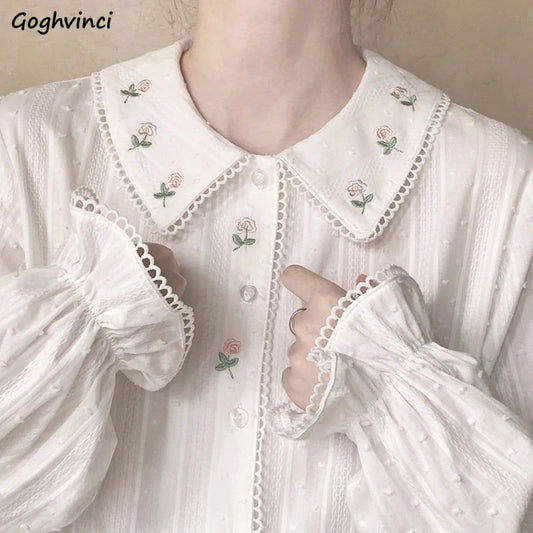 Long Sleeve Shirts Women Vintage Sweet Floral Embroidery Loose Peter Pan Collar All-match Gentle Design Lovely Preppy Female Ins