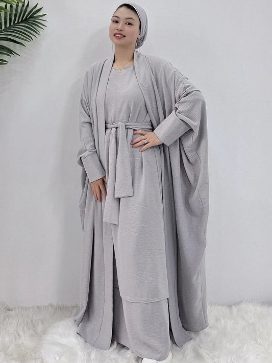 Two Piece Abaya Kimono Set Matching Muslim Abayas for Women Short Sleeve Inner Hijab Dress Clothing