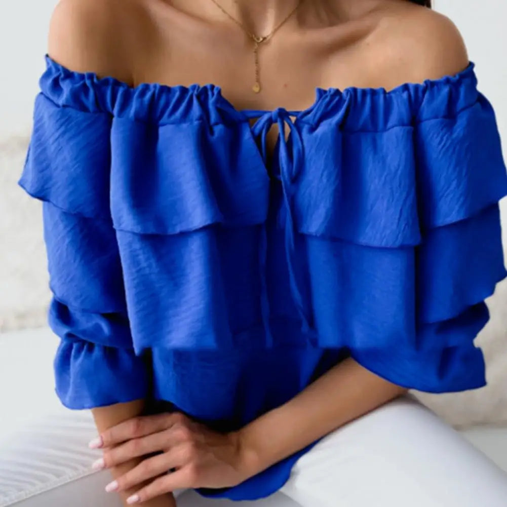 Collar Layered T-shirt Stitching Crafts Women Blouse Off Shoulder Lantern Long Sleeve Pullover Top Female Clothing