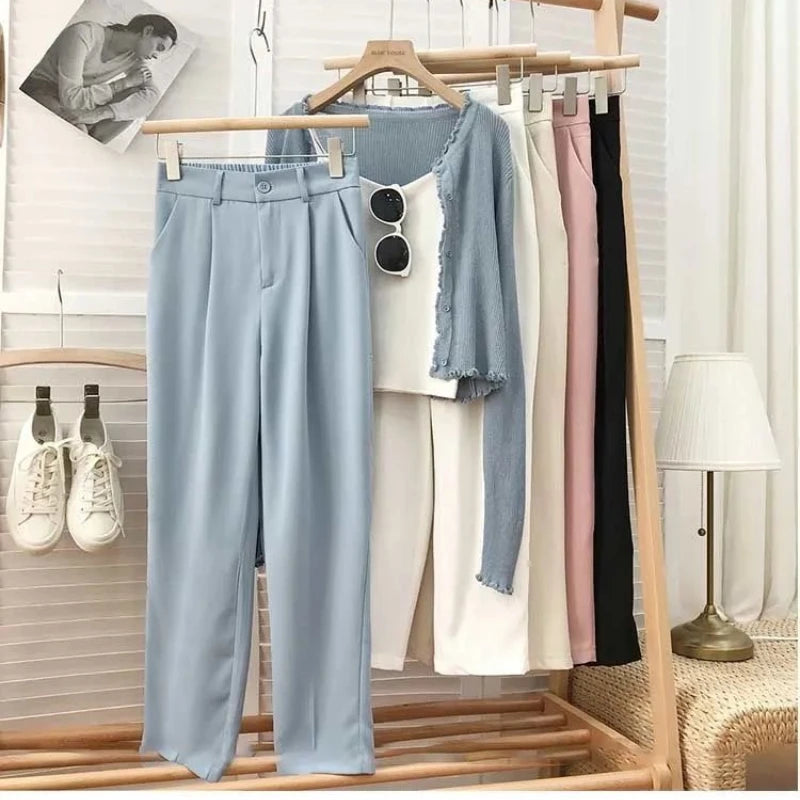 Women Pant Fashion Elastic High Waist Pants Women Loose Straight Black Trouser Female Nine Points Suit Pant Streetwear