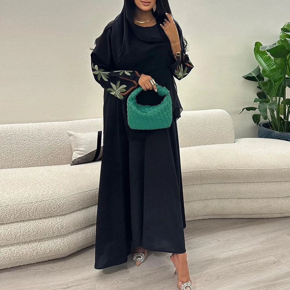 New Black Casual Open Kimono Abaya For Muslim Women Ramadan Eid Jalabiya Embroidery Long Sleeve Robe