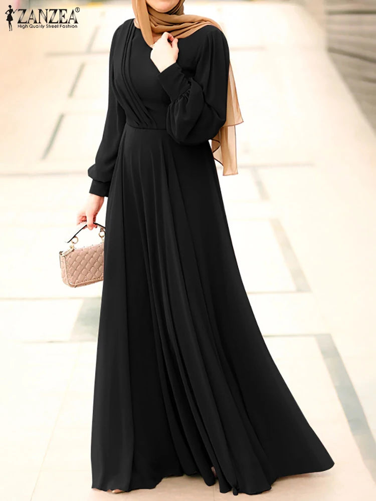 Fashion Solid Muslim Dress Women Spring Sundress ZANZEA Casual Abaya Marocain Turkish Robe Femme Lantern Sleeve Maxi