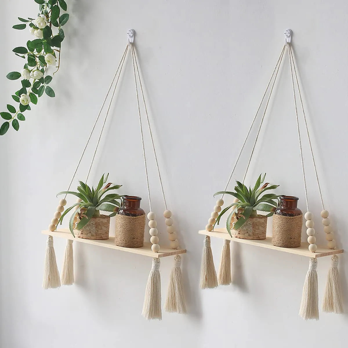 Macrame Wall Hanging Shelf Tassel Wood Decor Woven Wall Hanging Board Shelves for Home Decor Bedroom Living Room Cake Stand