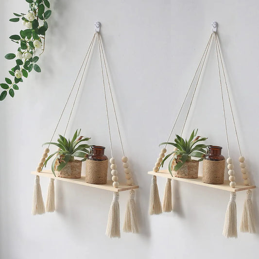 Macrame Wall Hanging Shelf Tassel Wood Decor Woven Wall Hanging Board Shelves for Home Decor Bedroom Living Room Cake Stand