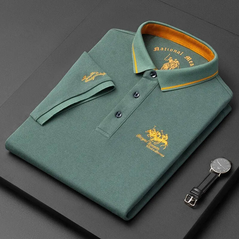 Men's Polo Top With Short Ebroid Sleeves Stylish Business Breathable Casual T-Shirt Stand Collar Quality High-End Summer Attenda