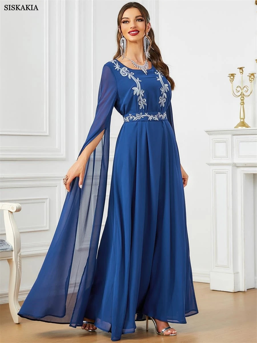 Dubai Moroccan Fashion Embroidery Chiffon Super Long Sleeve Evening Party Gown Jalabiyat Turkish Gulf Belted Dress