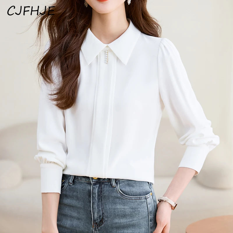 Long Sleeve White Chiffon Shirts Women New Spring Fall Korean Satin Blouse Temperament  Tops