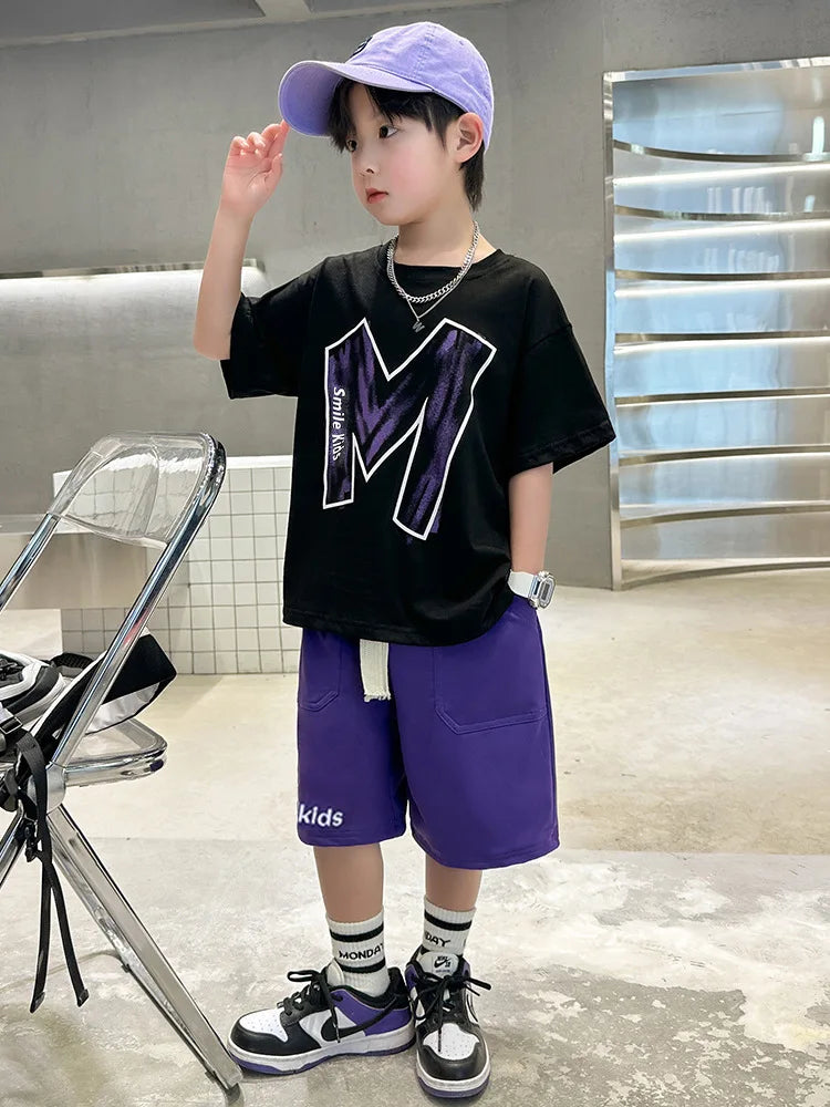 Summer Boys Cotton Contrast Alphabet t-Shirt Tops+Drawstring Shorts Set School Kids Tracksuit Child 2PCS Jogger Outfit
