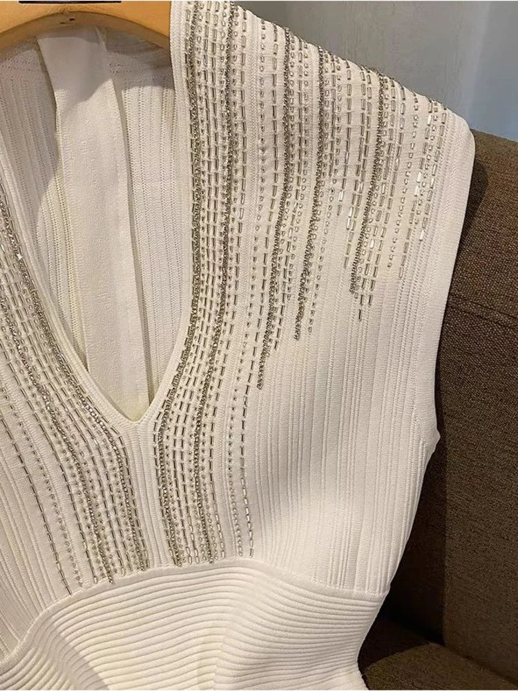 Summer Dress For Women Diamonds Sexy Club Style V-neck Sleeveless Elegant Dresses Elastic High Waist Party Dress Women Clothing