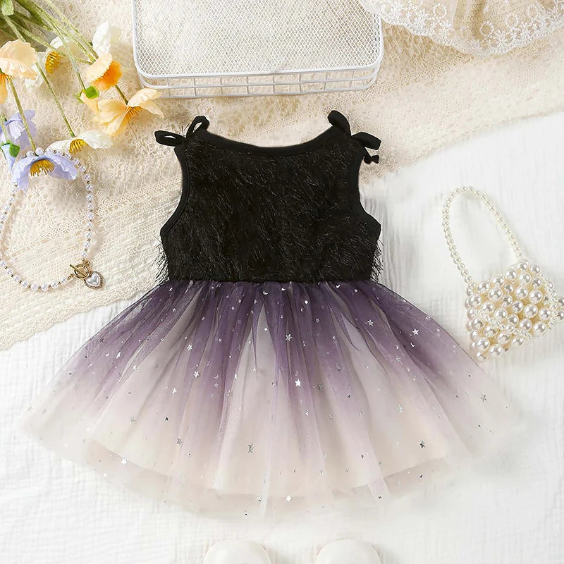 Stars Print Sequin Tulle Dress Baby Girl Tank Dress Sleeveless Summer Dress Infant Mesh Ruffle Trim Bowknot Sundress