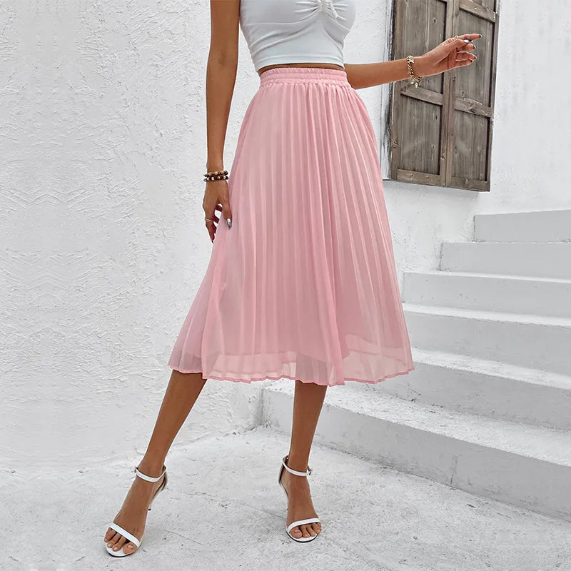 Women's Casual Chiffon Elastic Waist A-Line Pleated Midi Skirt Swing Skirt