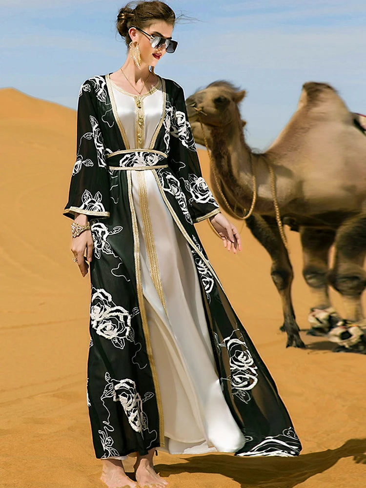 woman Dress Arabic Long Sleeved Round Neck  Floral Embroidered Cardigan Two Piece