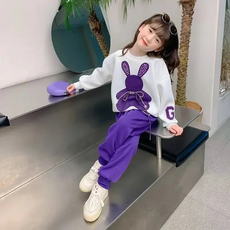 Fashion Toddler Baby Girl Fall Clothes Sets Kids Sports Cartoon Rabbit Sweatshirt Pants 2Pcs Suits Teenage Tracksuit Outfits