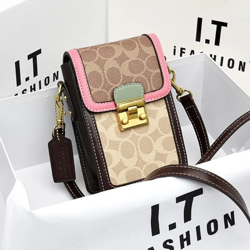 Mobile phone bag for women's  retro trendy print crossbody contrast color shoulder bag vertical small square bag for mini bag