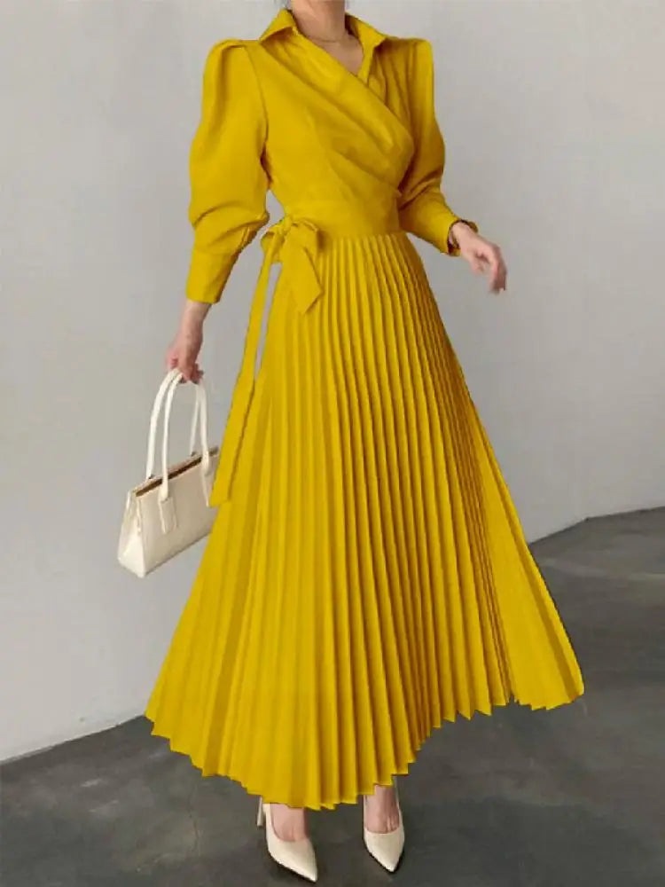 Women Midi Dress  Autumn New  Collar Puff Sleeves High Waisted Pleated Dresses Elegant Evening Party Dress