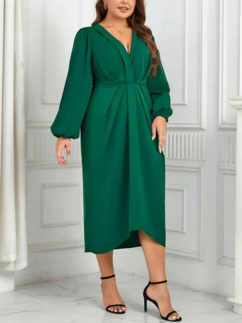 Elegant and Pretty Loose Long Sleeves Dress for Women, Plus Size Casual Irregular, Pleated, V-neck, Party Dresses, Free Shipping