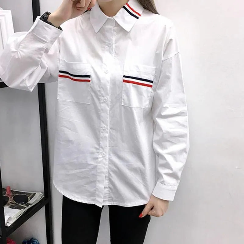 Long Sleeve Loose Turn-down Collar Spring Summer Business Casual Patchwork Pockets Solid Simplicity Blouses Women's Clothing