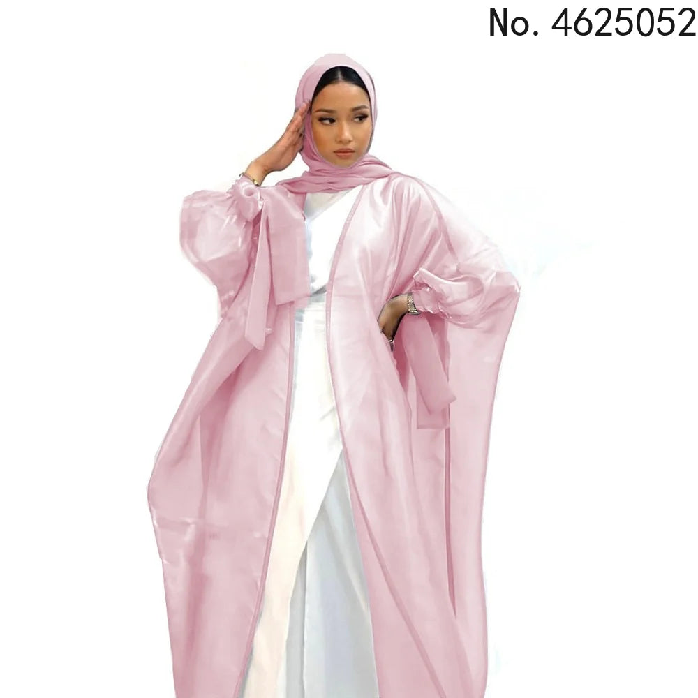 Abaya Puff Sleeves Dress Silky Kaftans for Women Robe Kimono Islam Abayas Femme Musulmane