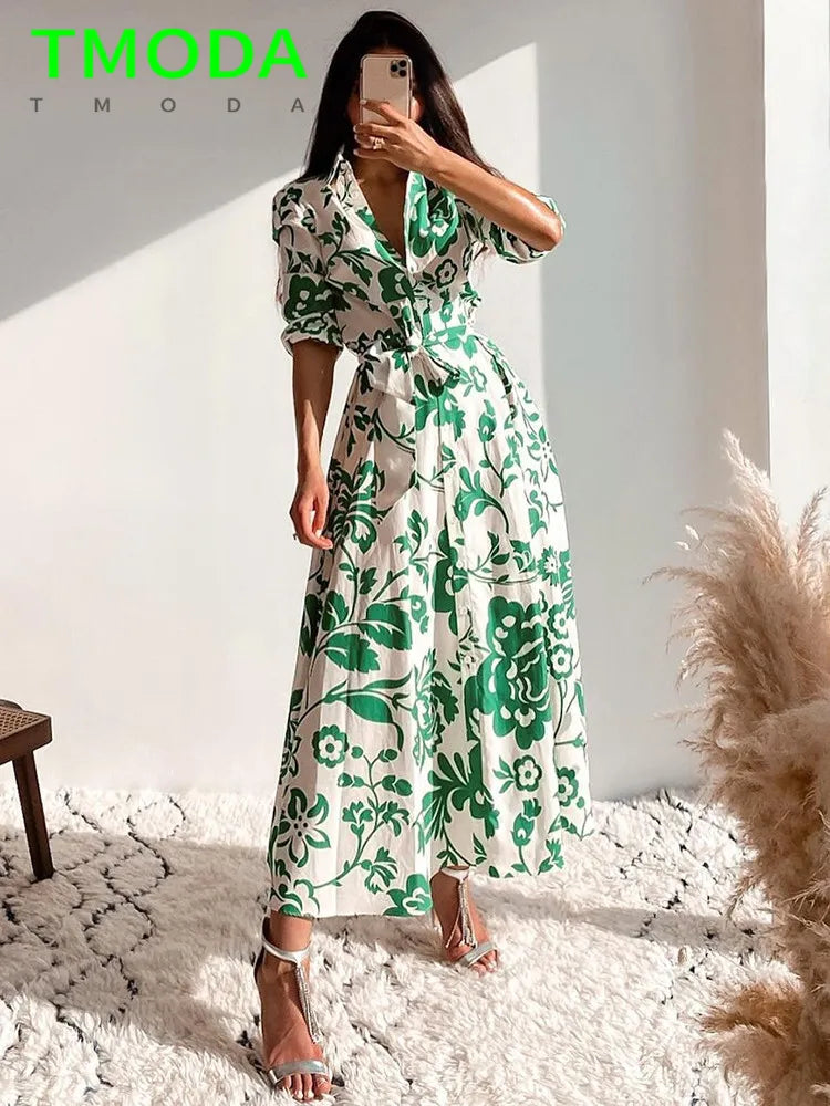 Women Green Floral Midi Dress With Belt Vintage Three Quarter Sleeve Dress Female Outwear Vestidos