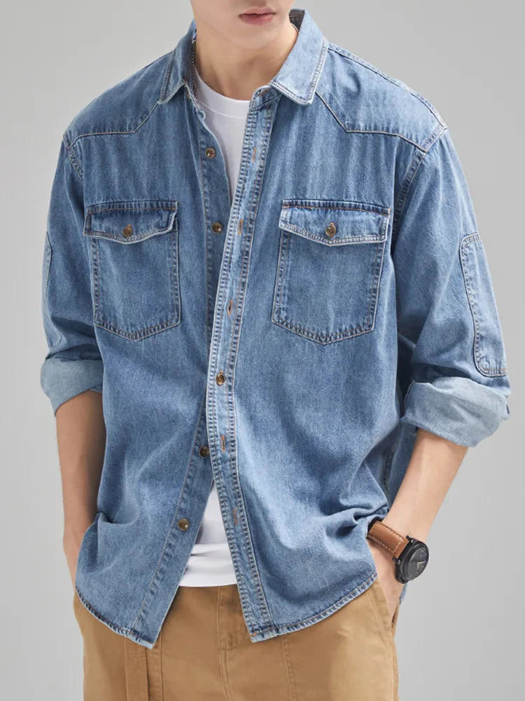 Denim Cotton Men's Shirt Long Sleeve Black Blue Drop Shoulder Button Pockets Cowboy Loose Casual Work Jeans Shirts