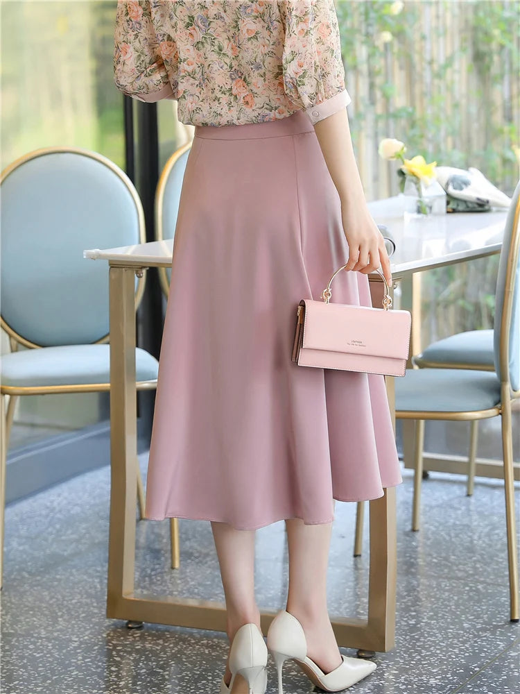 Skirt Women Spring Summer Skirts Korean Fashion Elegant High Waisted White Pink Black Midi Skirts