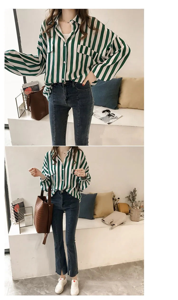 Women Shirts Blouses Loose Striped Female , Casual Blosue