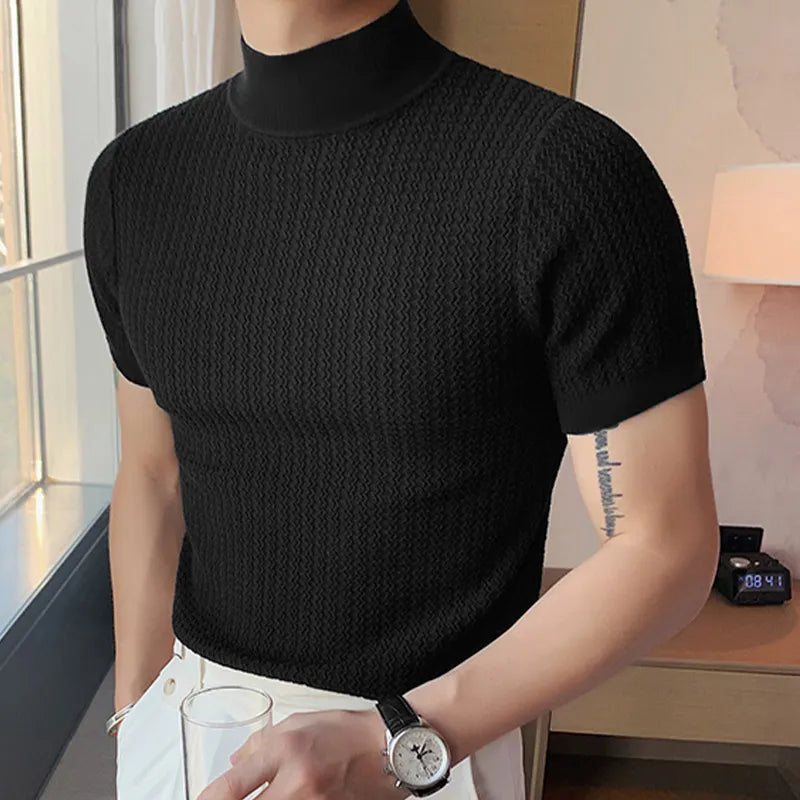 men T-shirt Casual Streetwear High-neck Solid Color Short-sleeved Bottoming Tees Luxury Clothing