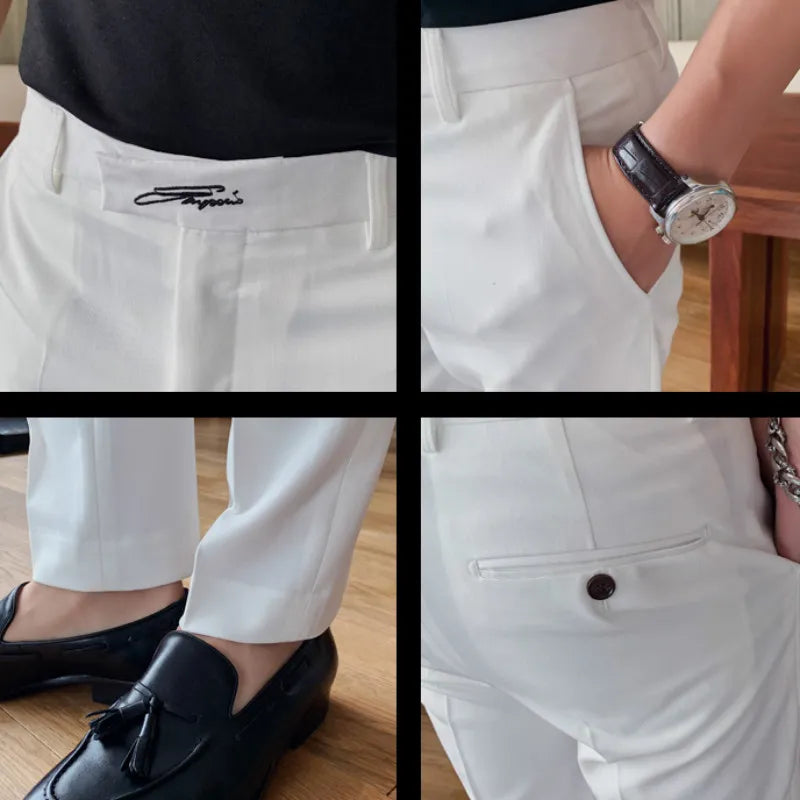 Black White Embroidered Business Formal Pants Men Korean Style Slim Suit Pants High Quality Streetwear Ankle Pants