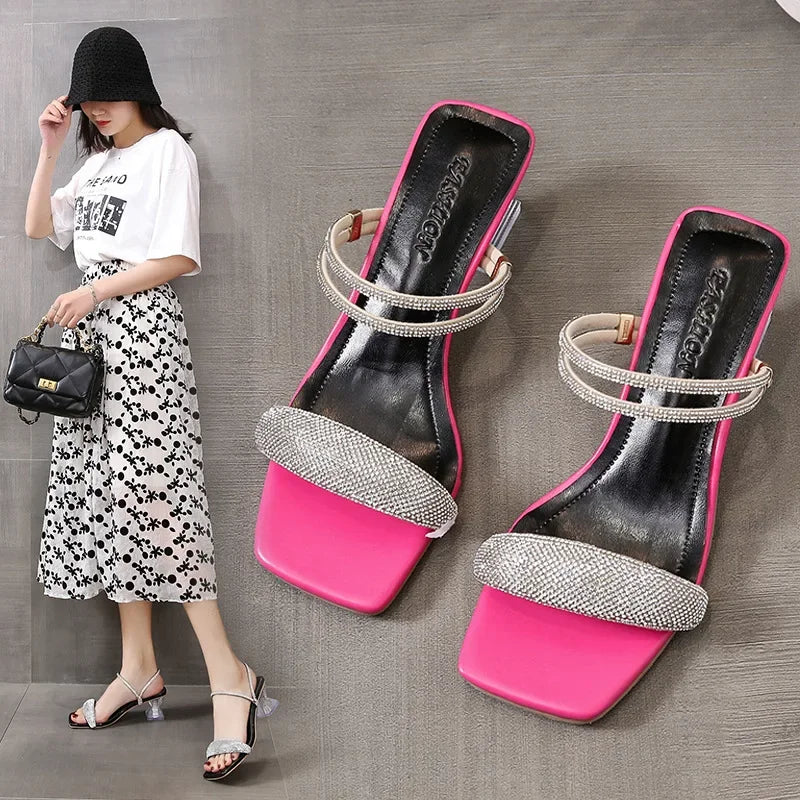 Women's New Ankle Strap High Heels for Women Slipper Rhinestone Square Toe Ladies Party Sandals for Woman