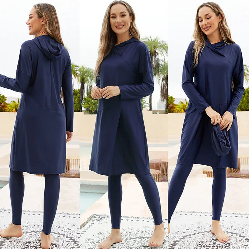 Modest Muslim Long Abaya Swimsuit Women Hooded Islamic Swimwear Burkini Arabic Full Cover Beachwear Bathing Costmes