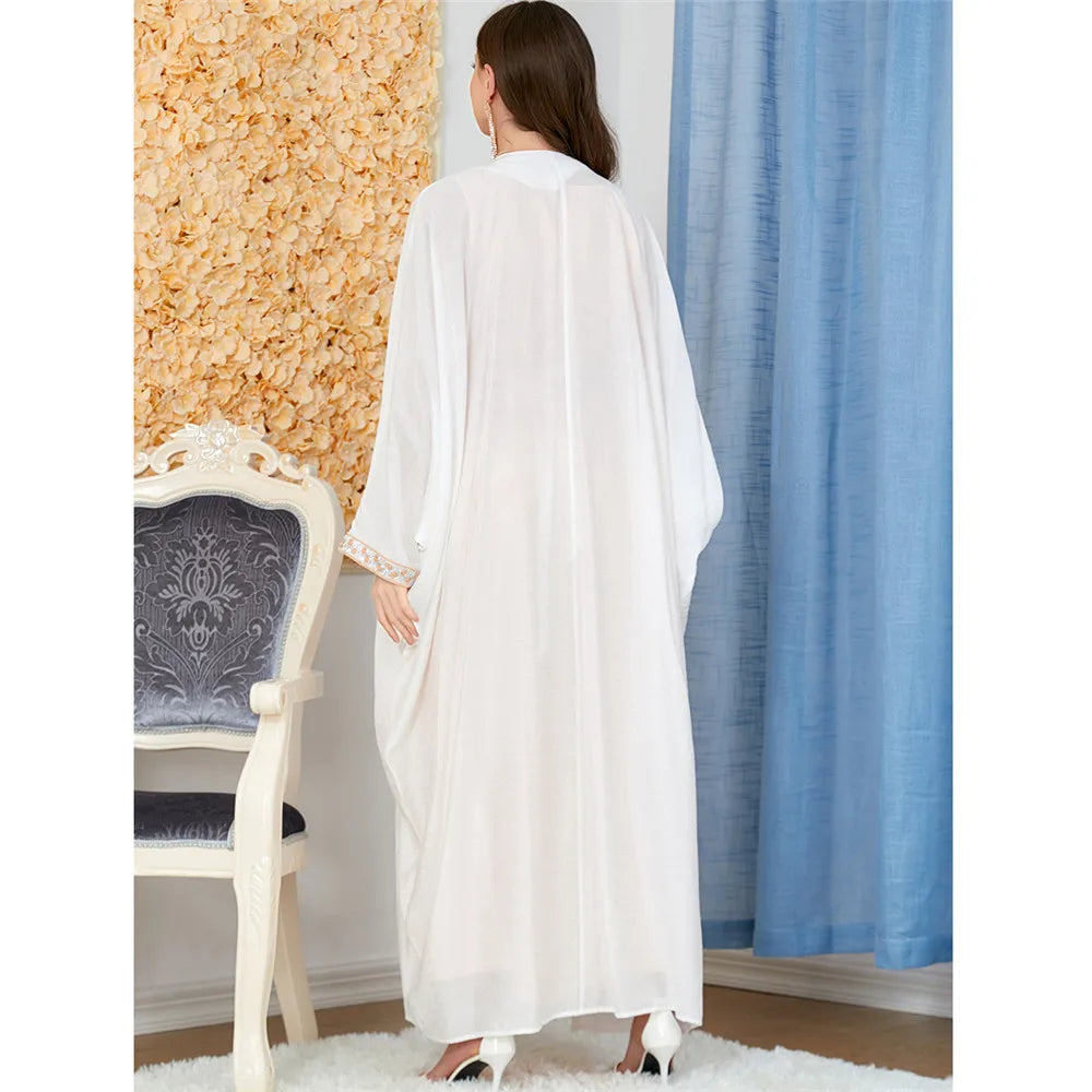 2 Piece Matching Set Luxury Evening Women Turkey Muslim Dubai Outfit Kimono Open Abaya Maxi Dress Islamic Arabic Clothing Eid