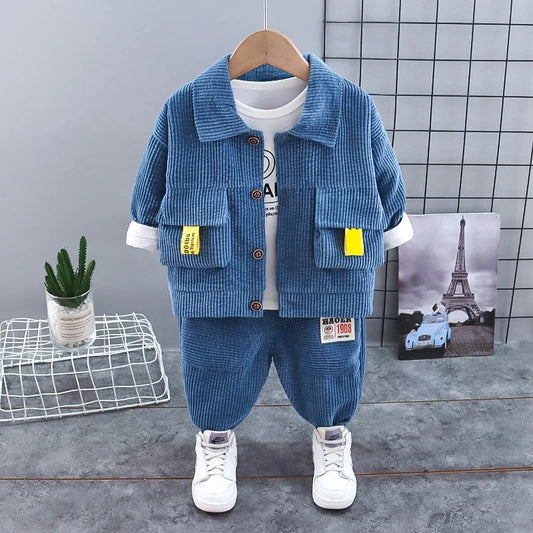 Spring Baby Children Clothes Suit Boys Corduroy Coat T Shirt Pants 3Pcs/Set Kids Toddler Fashion Cotton Tracksuits