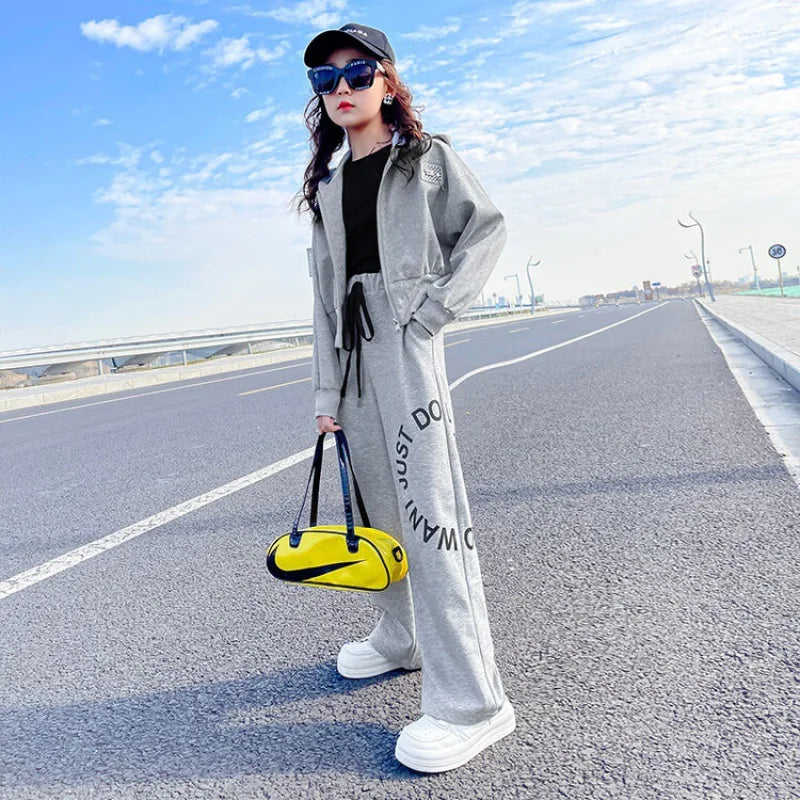 Fashion Kids Clothes Sets Autumn Girls Long Sleeve Sweatshirt + Wide Leg Pants 2PCS Children Clothing Teen 6 8 10 12 14 Year