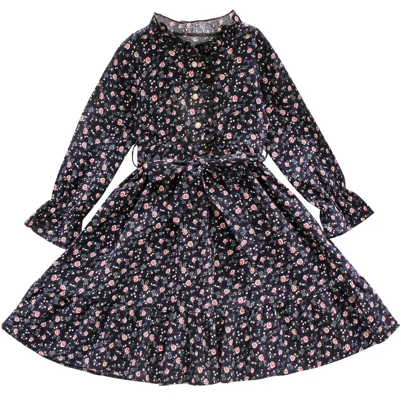 Girls autumn spring Elegant New Children Casual Princess Teenager floral lace cotton long dress