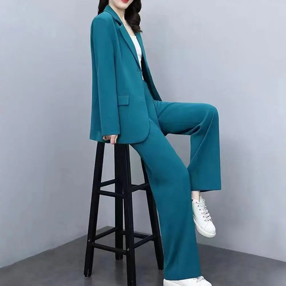 Women  Suits Fashion Single Buttons Business Blazer Solid Casual Coat Trousers 2 Pcs Set  Wear Wide-Leg Pants