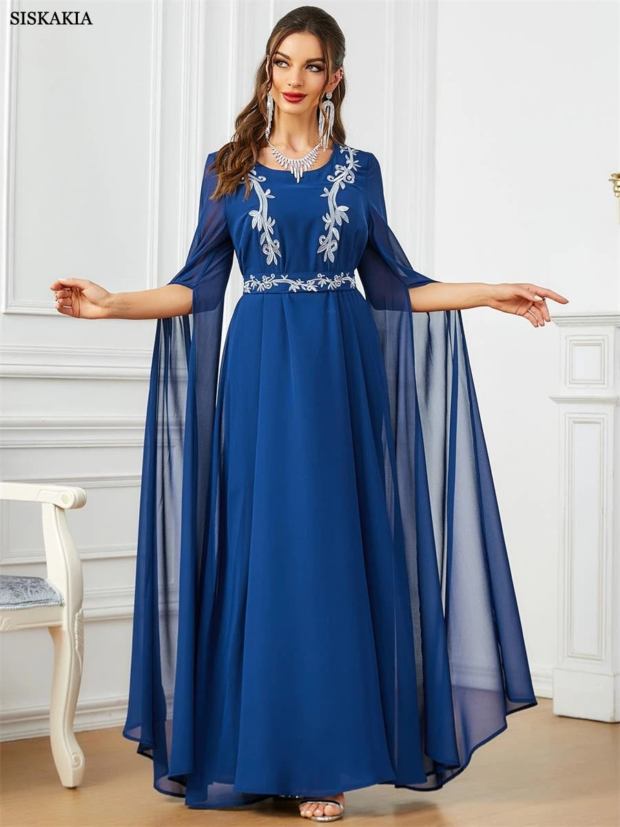 Dubai Moroccan Fashion Embroidery Chiffon Super Long Sleeve Evening Party Gown Jalabiyat Turkish Gulf Belted Dress