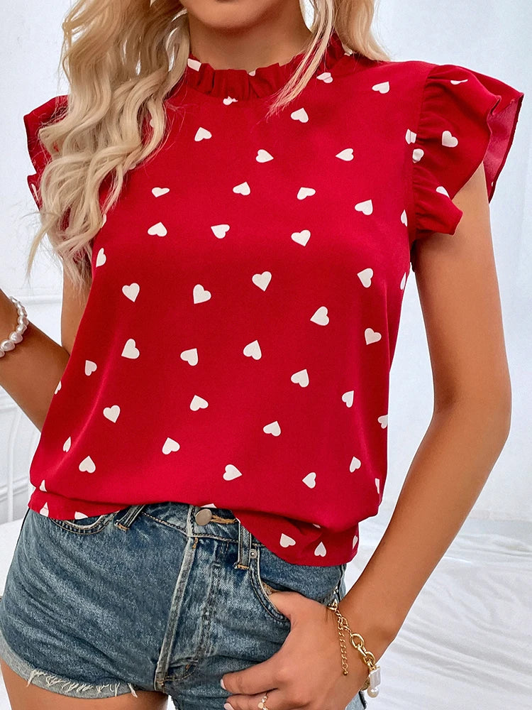 Fashion Chiffon Print Women's Shirt Casual Ruffle Short Sleeve Top Pink Chic Woman Blouse And Shirts Elegant Blouses