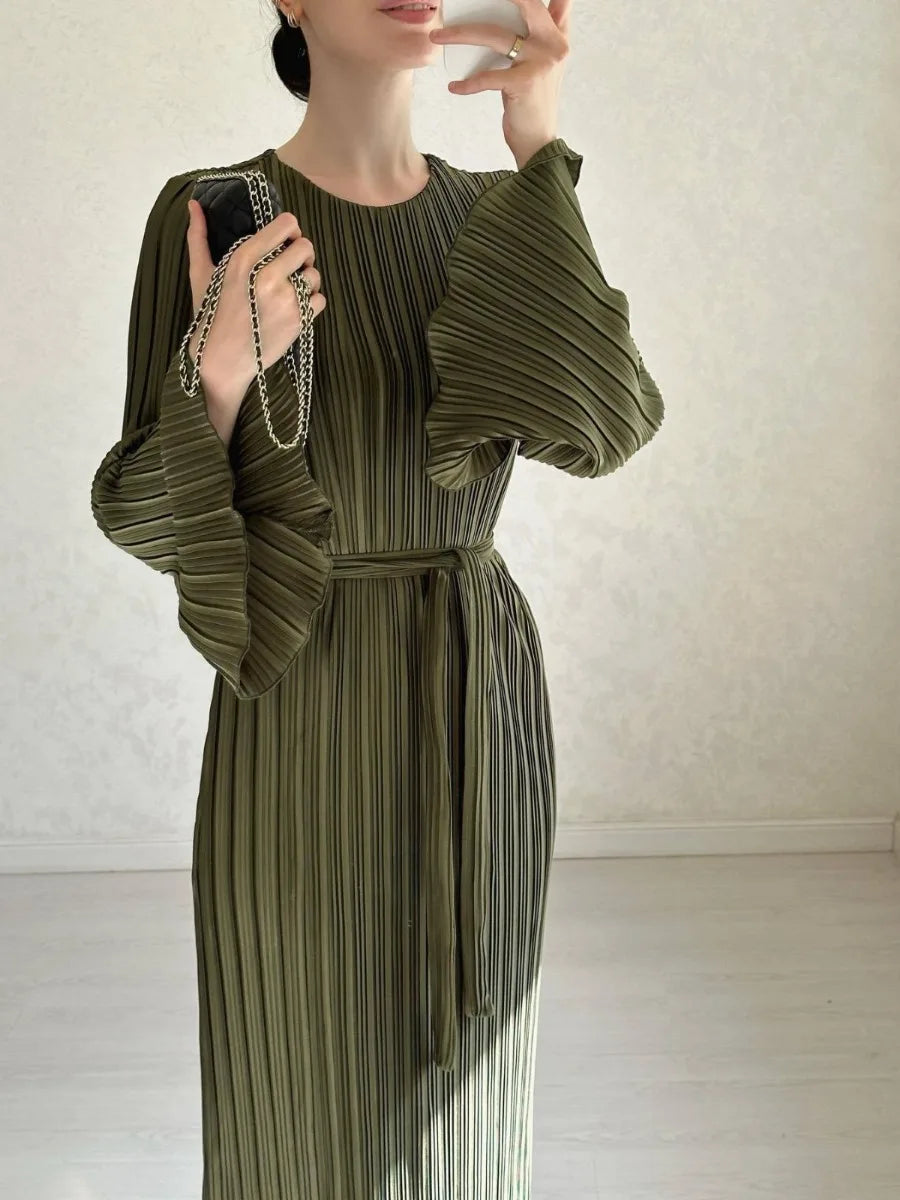 New Elegant Women's Pleated Maxi Dresses Fashion Belt Gathered Waist Solid Flare Sleeve O-neck Dress Females Party Dresses