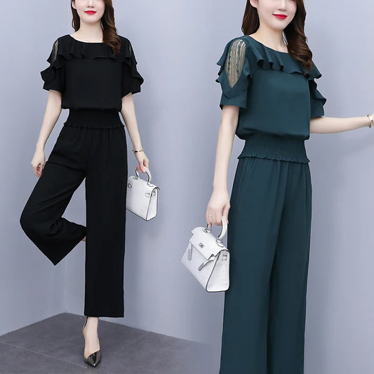 Women 2pcs/set  Plus Size Ruffle Suits Round Neck Waist-in Blouse Elastic Waist Wide Leg Trousers Two Piece Set