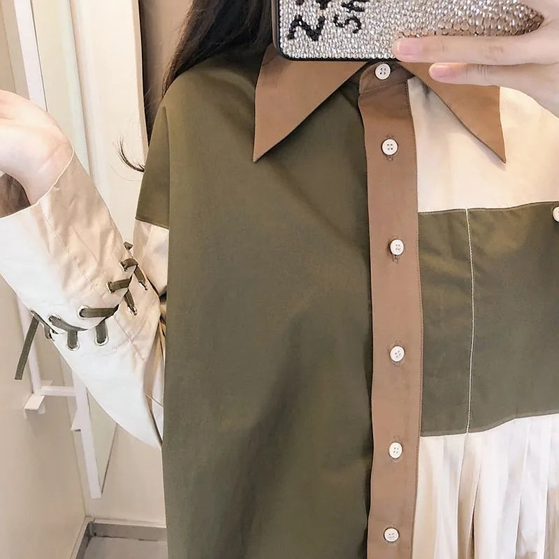 Vintage Female Pleated Spliced Long Sleeve Shirt Stylish Spring Women's Clothing Casual Loose Button Lace Up Blouse