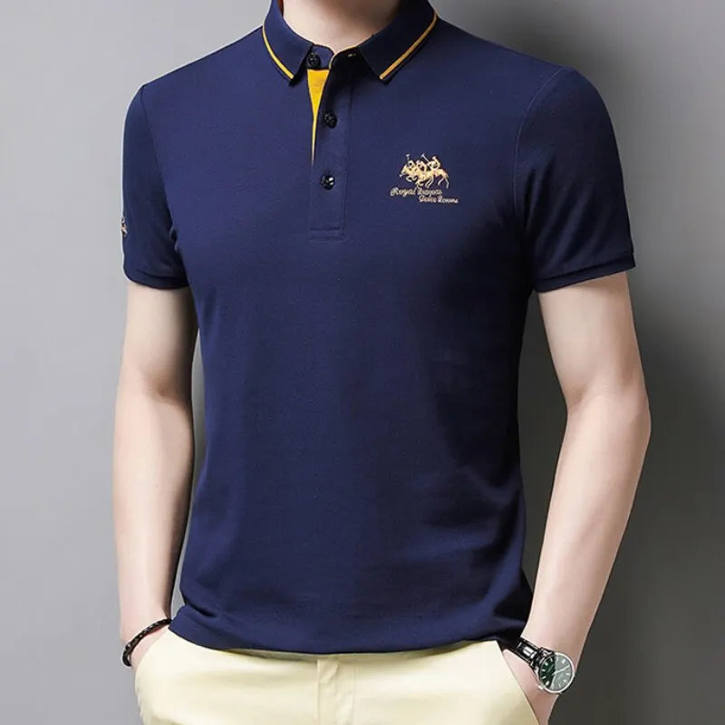 Men's Polo Top With Short Ebroid Sleeves Stylish Business Breathable Casual T-Shirt Stand Collar Quality High-End Summer Attenda