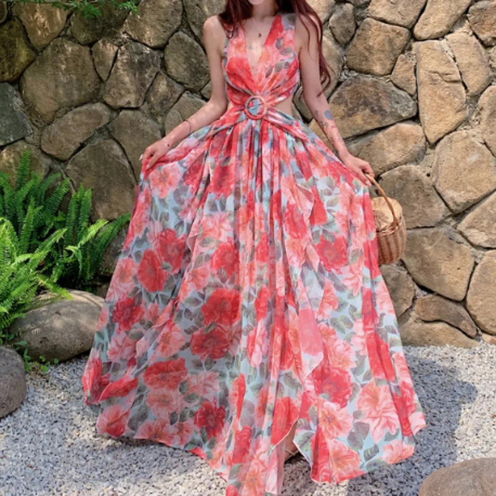 Floral Print Sleeveless Elegant  Dress A-line Casual Beach Vacation Dress Women Fashion Evening Party Summer