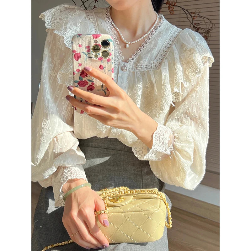 French Women Shirts Lace Lolita Elegant Long Sleeve Flounce Blouse High Quality  Chic Female Tops
