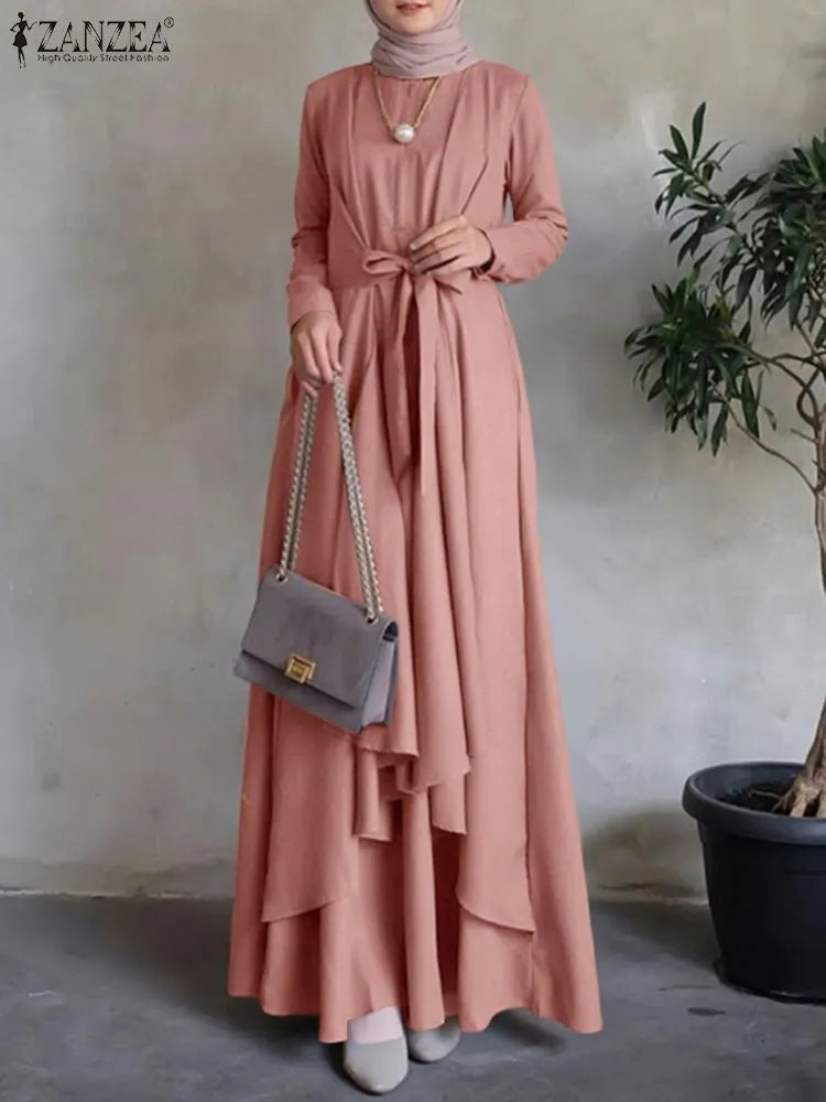 Muslim Dress Women Long Sleeve Abaya Sundress Casual Loose Islamic Clothing Eid Mubarak